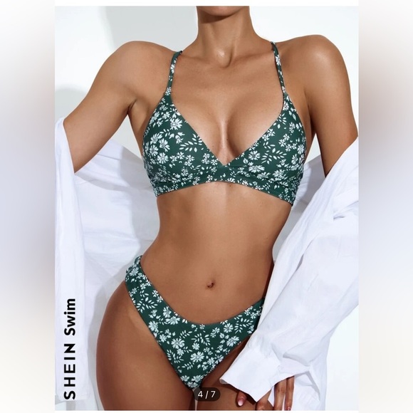 SHEIN Ditsy Floral Criss Cross Cami Top & High Cut Bottom bikini size medium - Picture 4 of 9